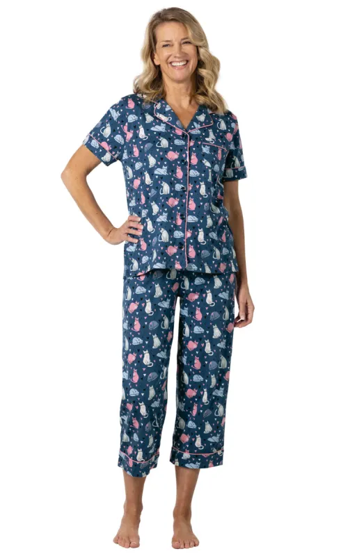 Navy Cat Short Sleeve Button-Front Capri Pajamas sold by Pajamagram