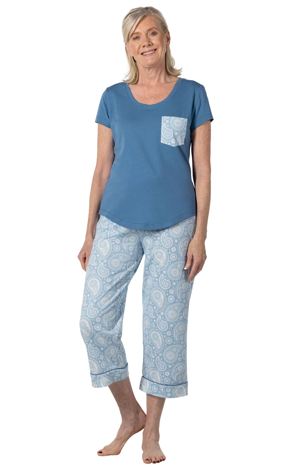 Blue Paisley Pocket Tee Capri Pajamas sold by Pajamagram