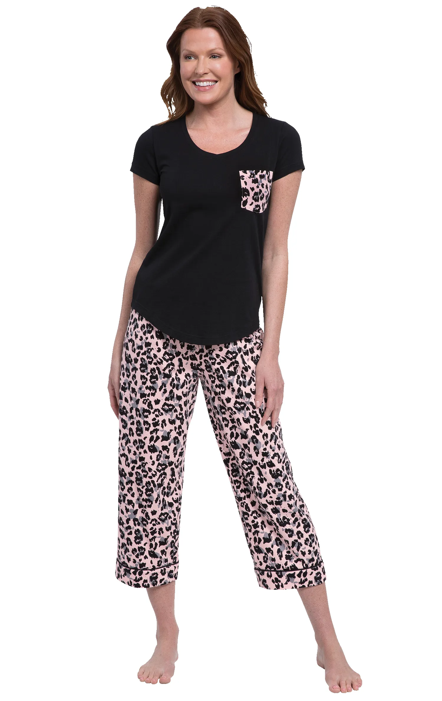 Pink Leopard - Pocket Tee Capri Pajamas sold by Pajamagram