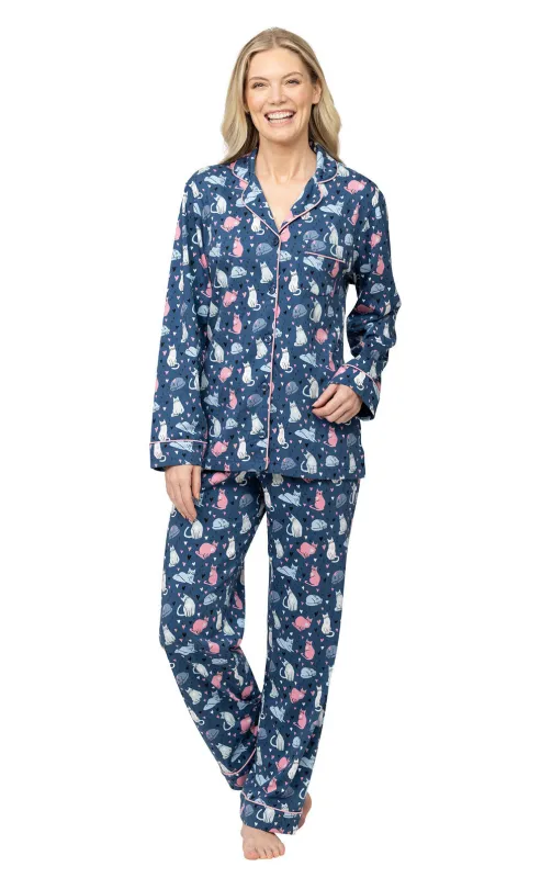 Navy Cat Button-Front Pajamas sold by Pajamagram