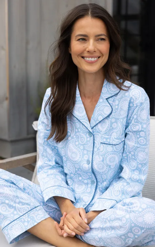 Printed Button-Front Pajamas- Blue Paisley sold by Pajamagram