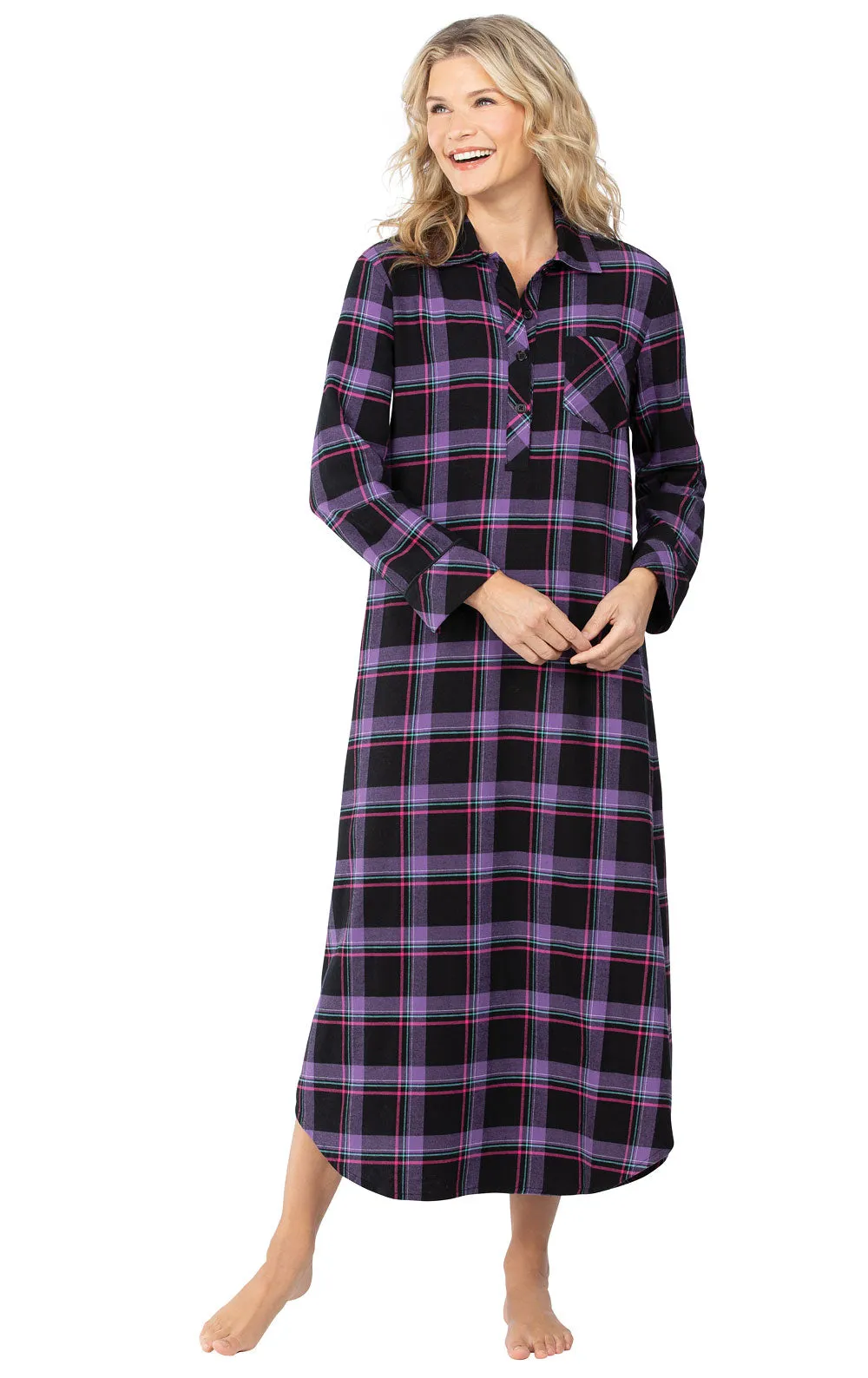 Women`s Bright Plaid Long Gown - Black sold by Pajamagram