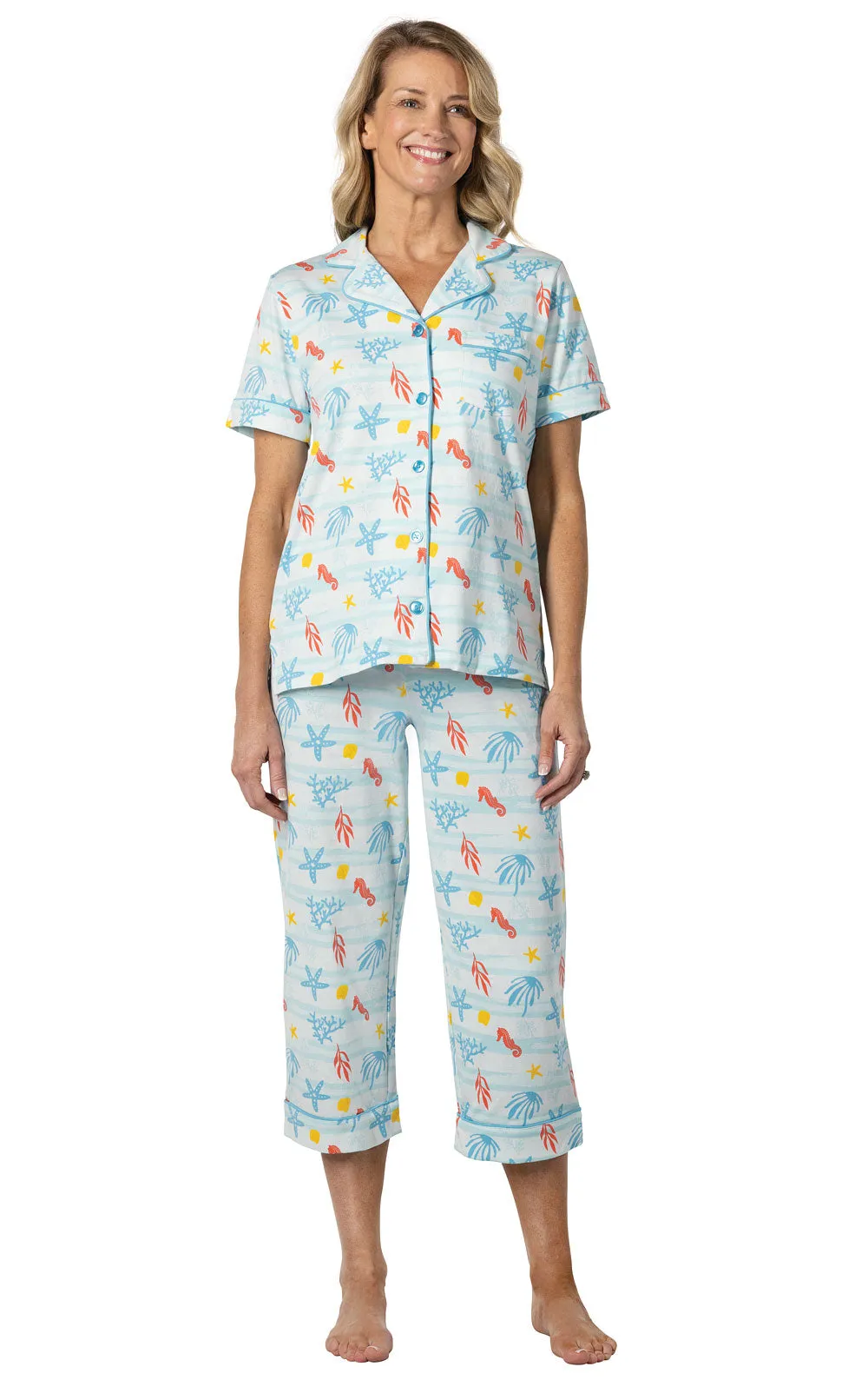 Printed Short Sleeve Button-Front Capri Pajamas sold by Pajamagram
