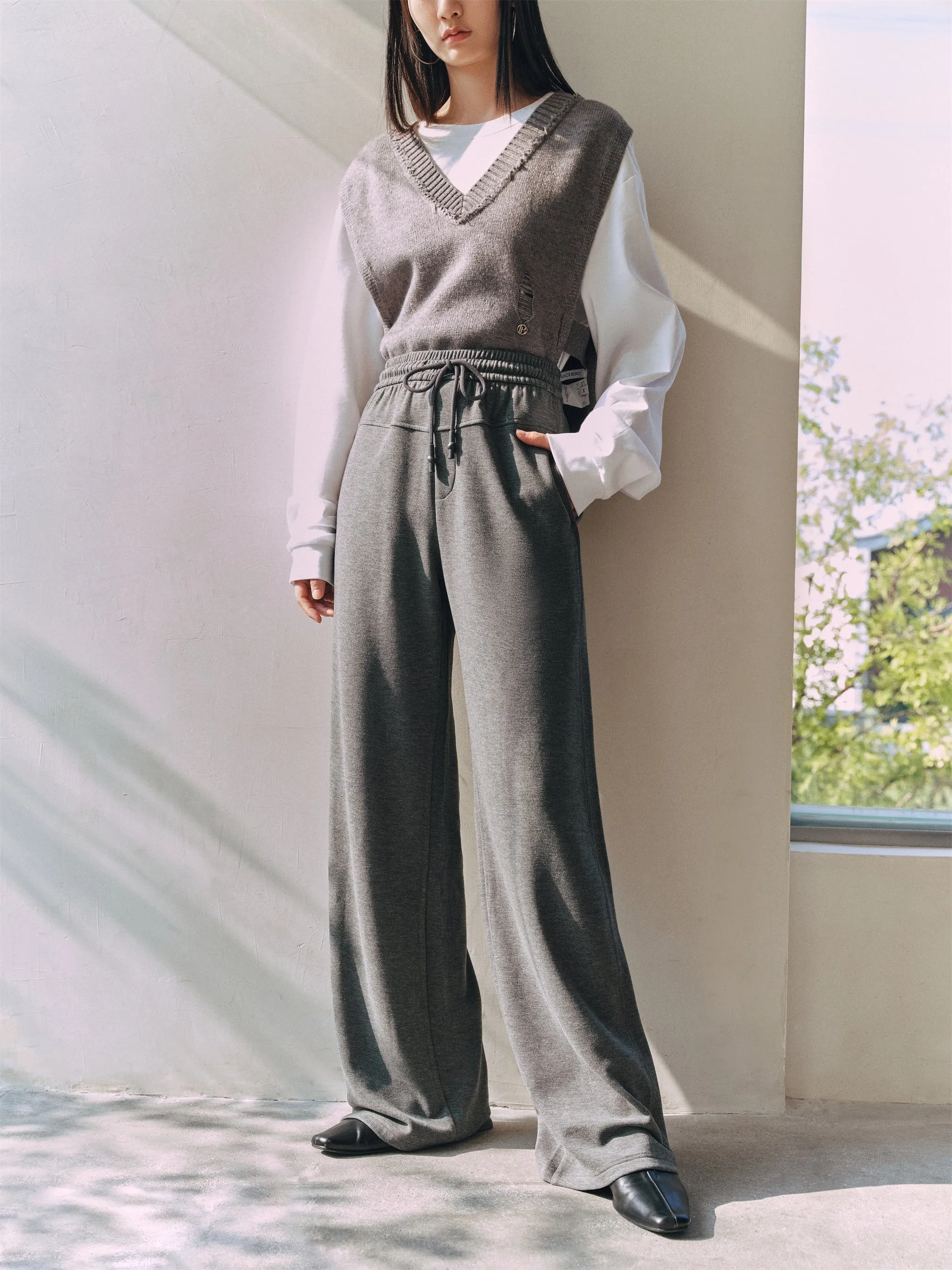 Women's Gray Drawstring Straight Knitted Pants sold by PEACEBIRD product image thumbnail 2