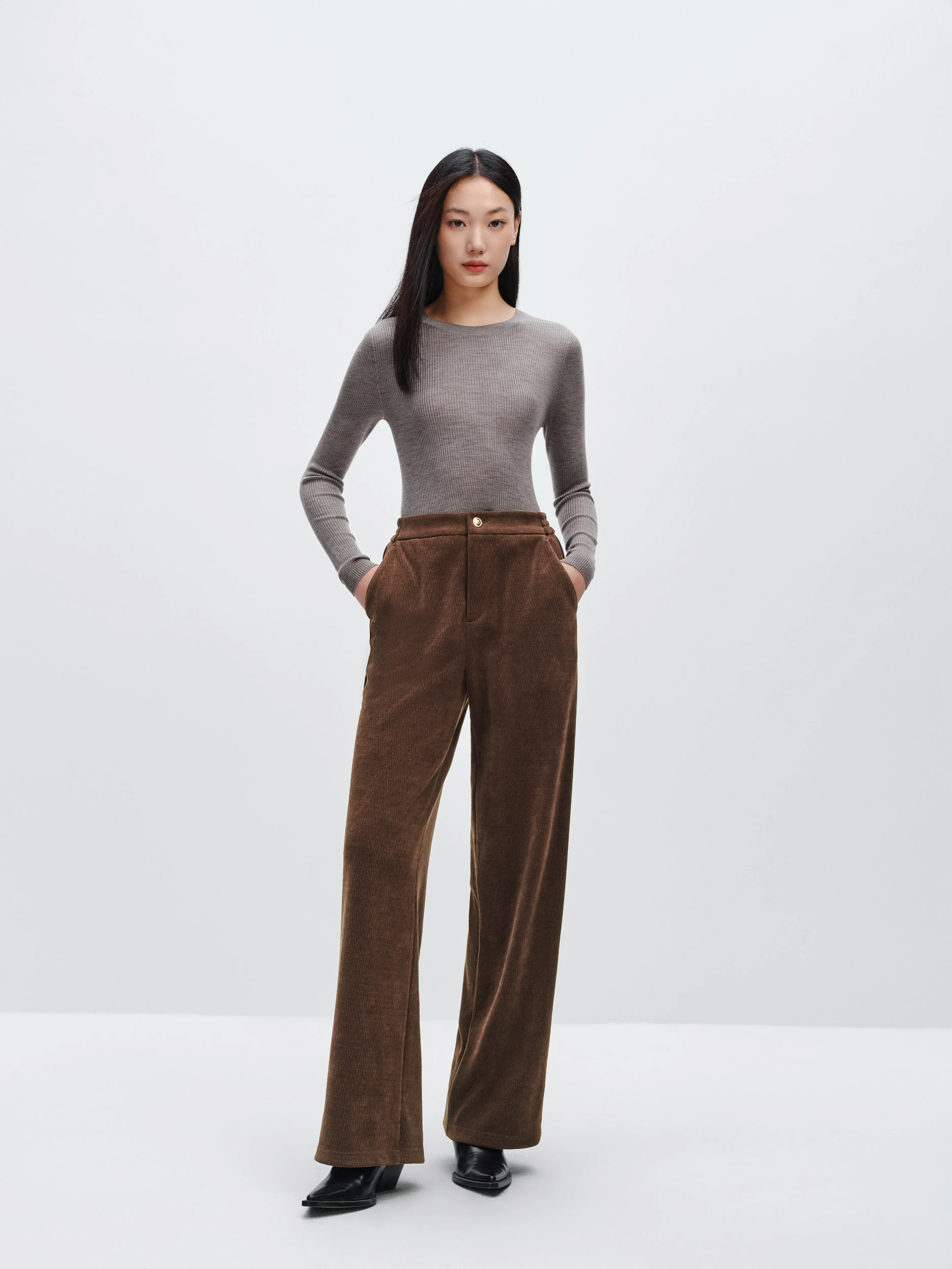 Women's Brown Textured Straight Pants sold by PEACEBIRD product image thumbnail 2