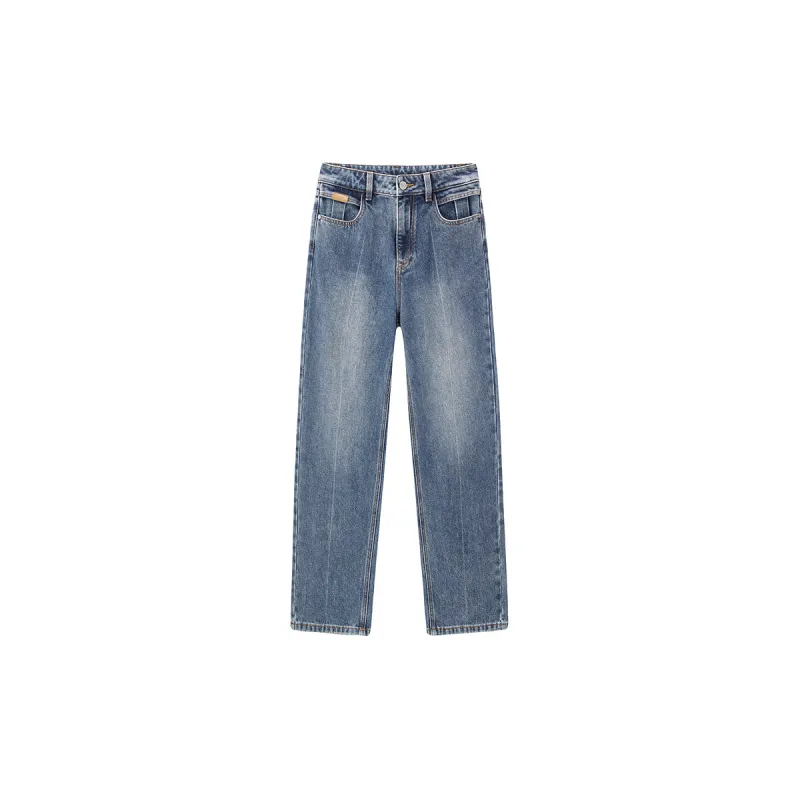 Women's Blue Bleached High Waist Straight Jeans sold by PEACEBIRD