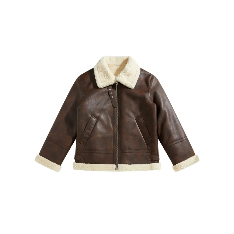 Men's Brown Faux Shearling PU Jacket sold by PEACEBIRD