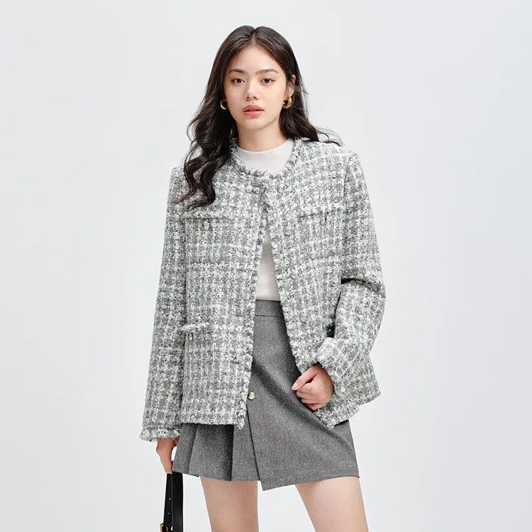 Women's Gray Raw Edge Tweed Jacket sold by PEACEBIRD product image thumbnail 2