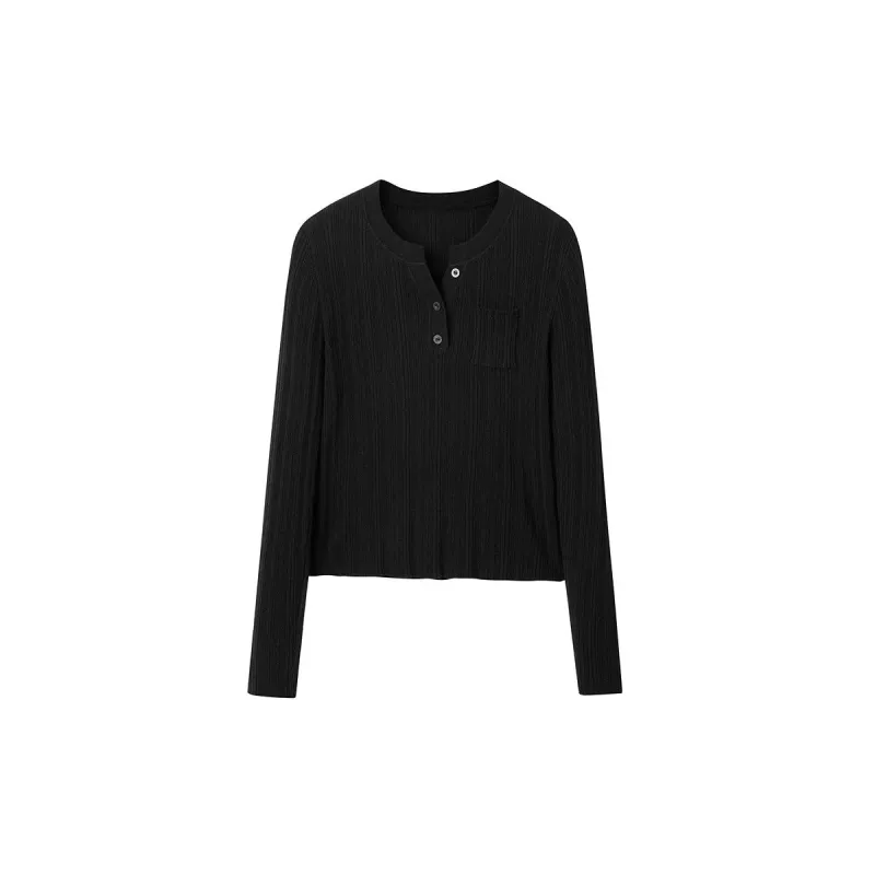 Women's Black Half Zip Textured Pullover sold by PEACEBIRD