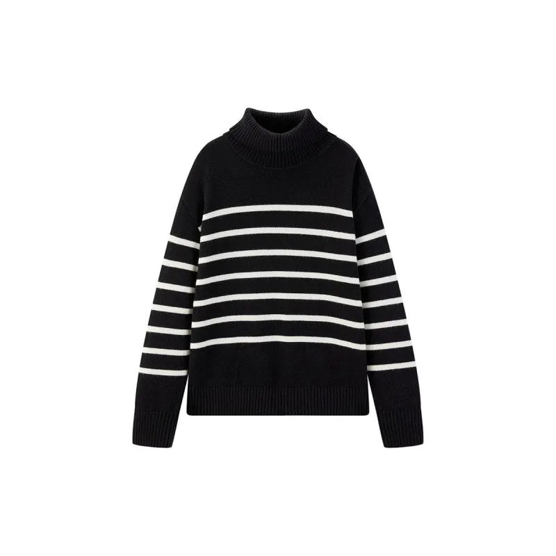 Women's Black Striped Button-Collar Knit Pullover sold by PEACEBIRD