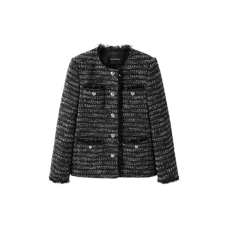 Women's Black Gray Raw Edge Tweed Jacket sold by PEACEBIRD