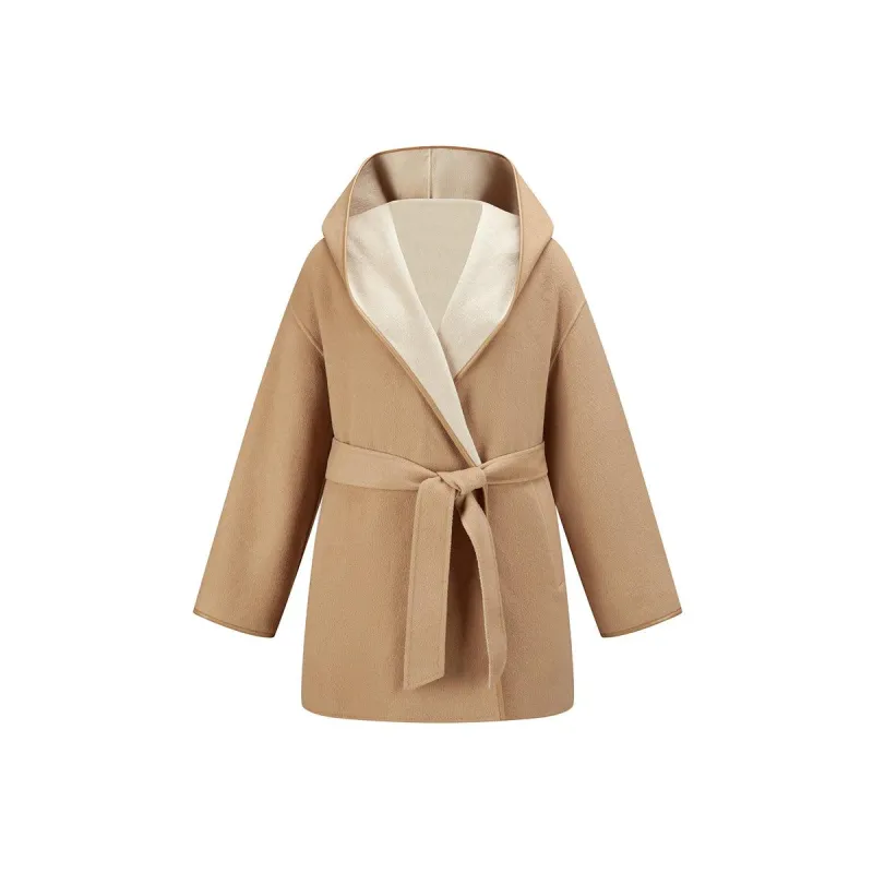 Women's Camel Hooded Belted Wool Coat sold by PEACEBIRD