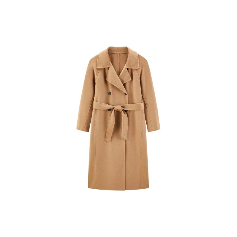 Women's Camel Belted Wool Coat made by PEACEBIRD