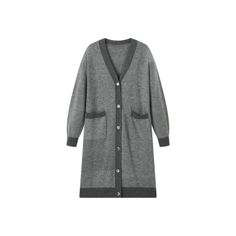 Women's Long V-neck Grey Wool Cardigan sold by PEACEBIRD