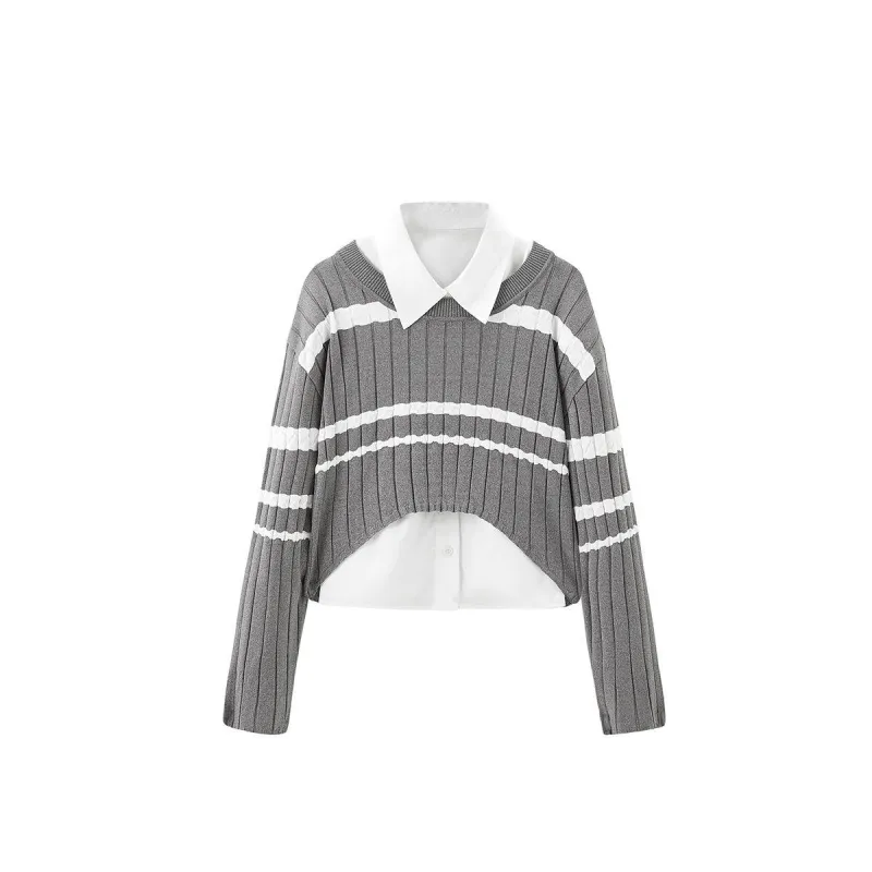Women's Two-piece Striped Knitted Shirt sold by PEACEBIRD