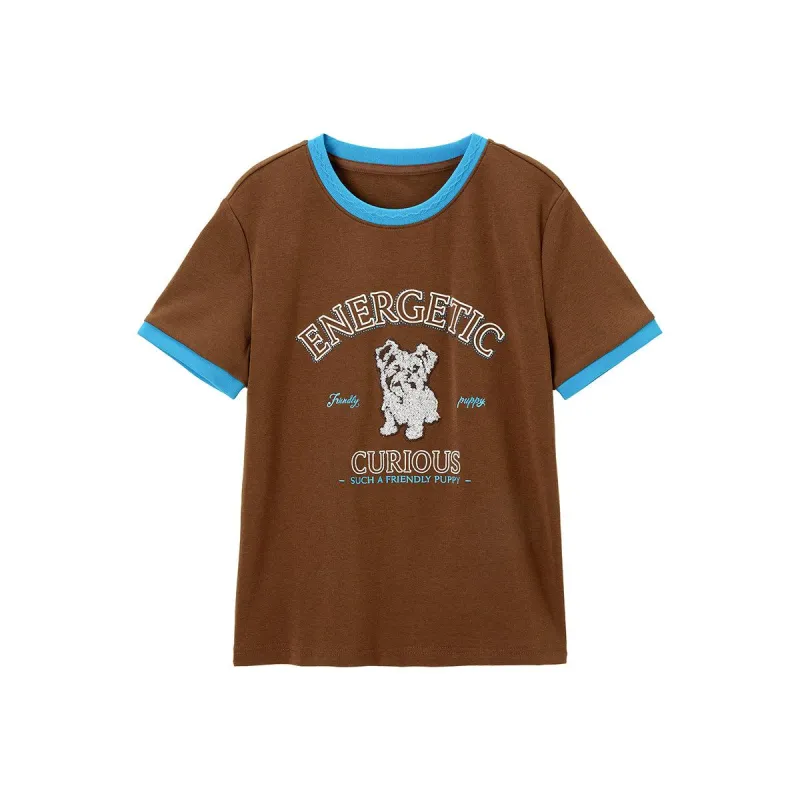 Women's Embroidered Dog Printed T-shirt sold by PEACEBIRD