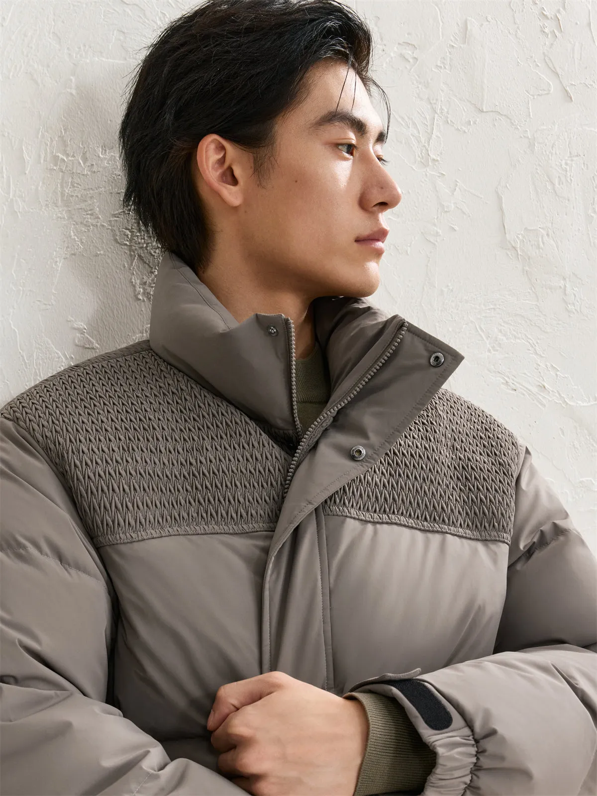 Men's Spliced Textured Puffer Jacket Khaki sold by PEACEBIRD product image thumbnail 5
