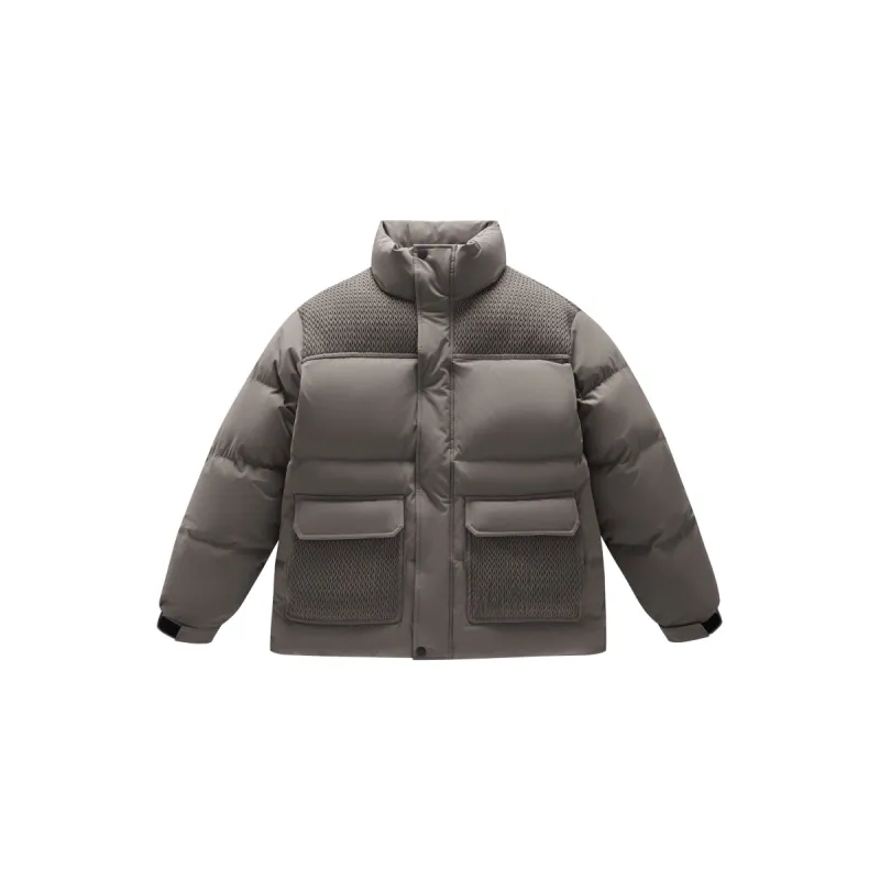 Men's Spliced Textured Puffer Jacket Khaki sold by PEACEBIRD
