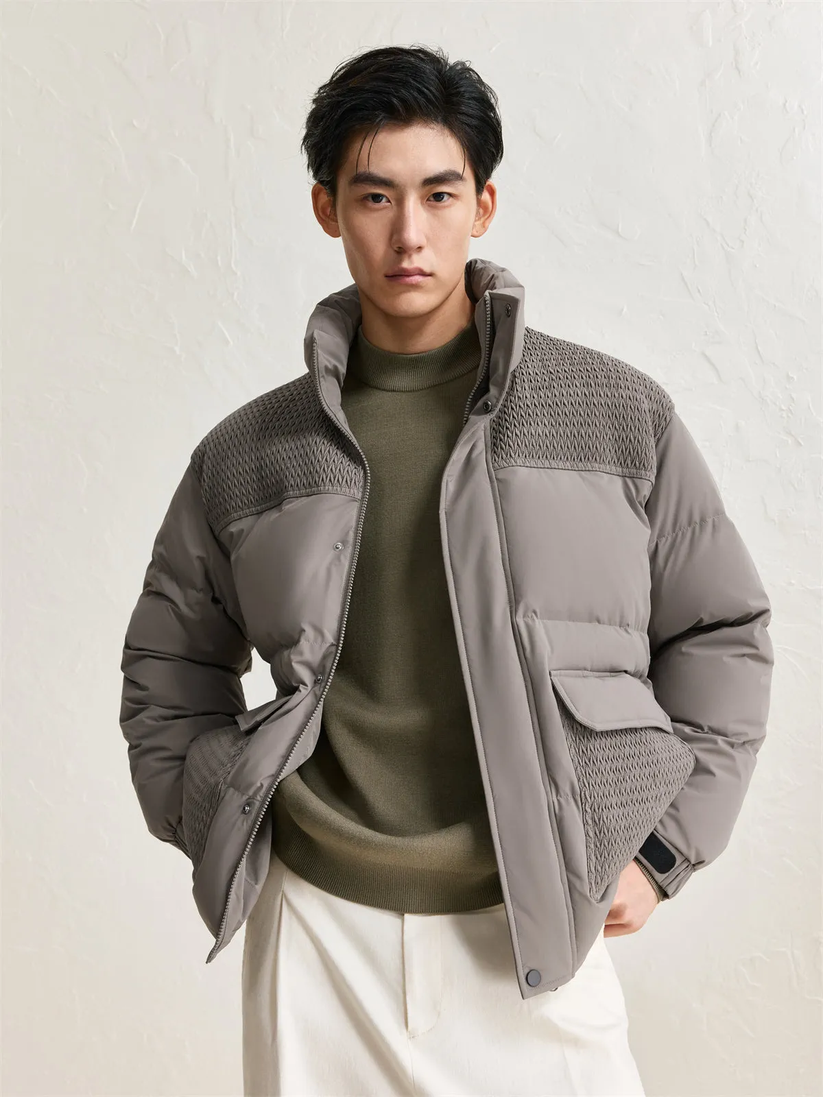 Men's Spliced Textured Puffer Jacket Khaki sold by PEACEBIRD product image thumbnail 2