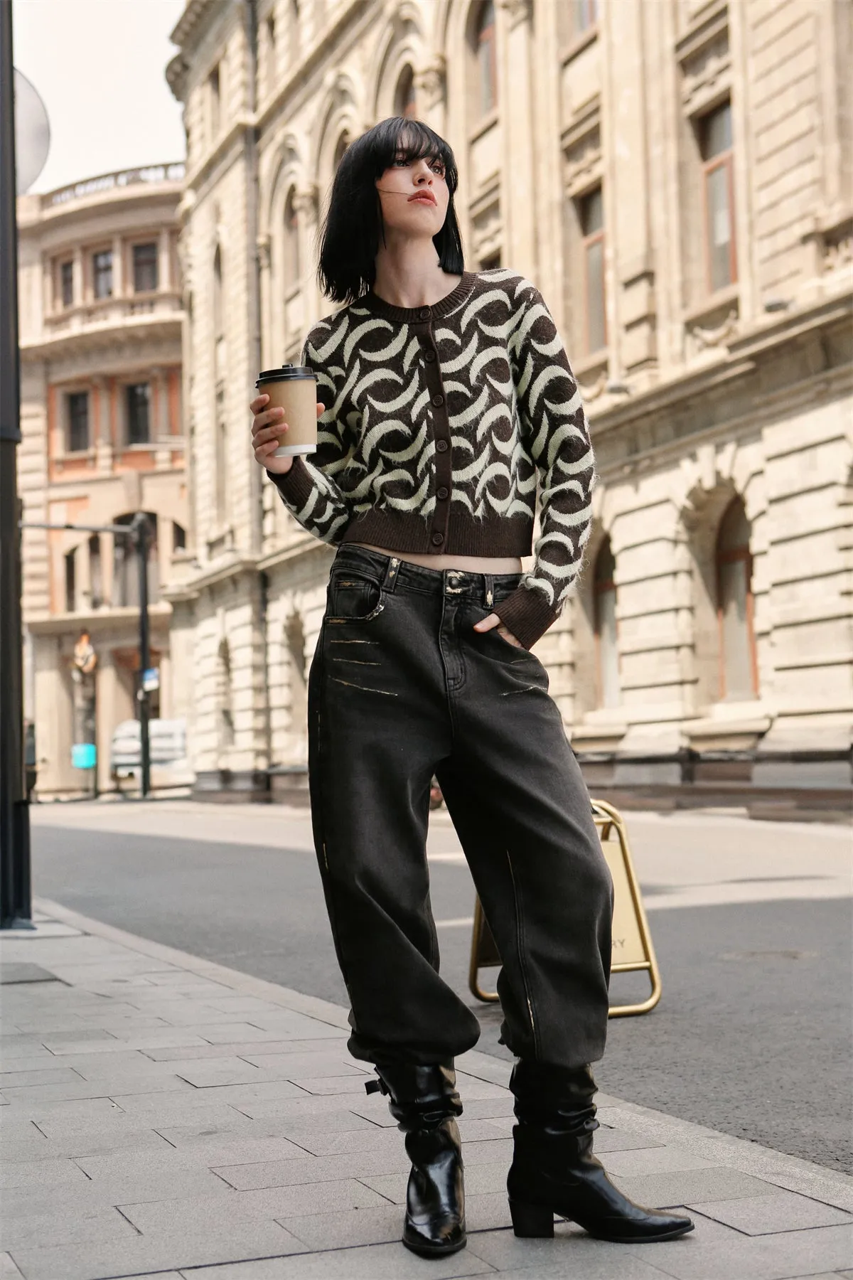 Women's Graphic Cropped Knit Cardigan sold by PEACEBIRD product image thumbnail 2