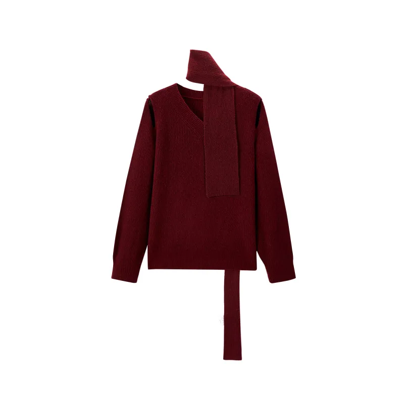 Women's Hollow V-Neck Sweater with Scarf sold by PEACEBIRD