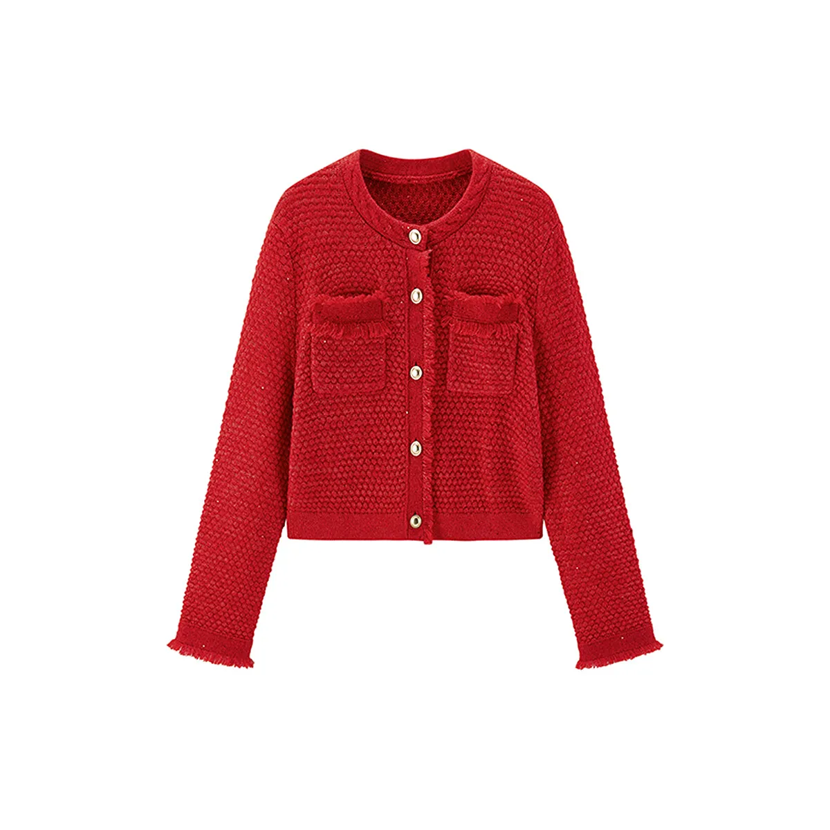 Women's Red Raw Edge Knit Cardigan sold by PEACEBIRD