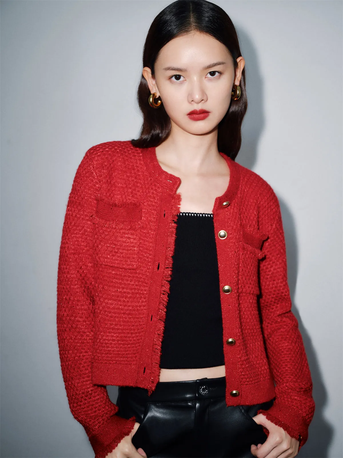 Women's Red Raw Edge Knit Cardigan sold by PEACEBIRD product image thumbnail 2