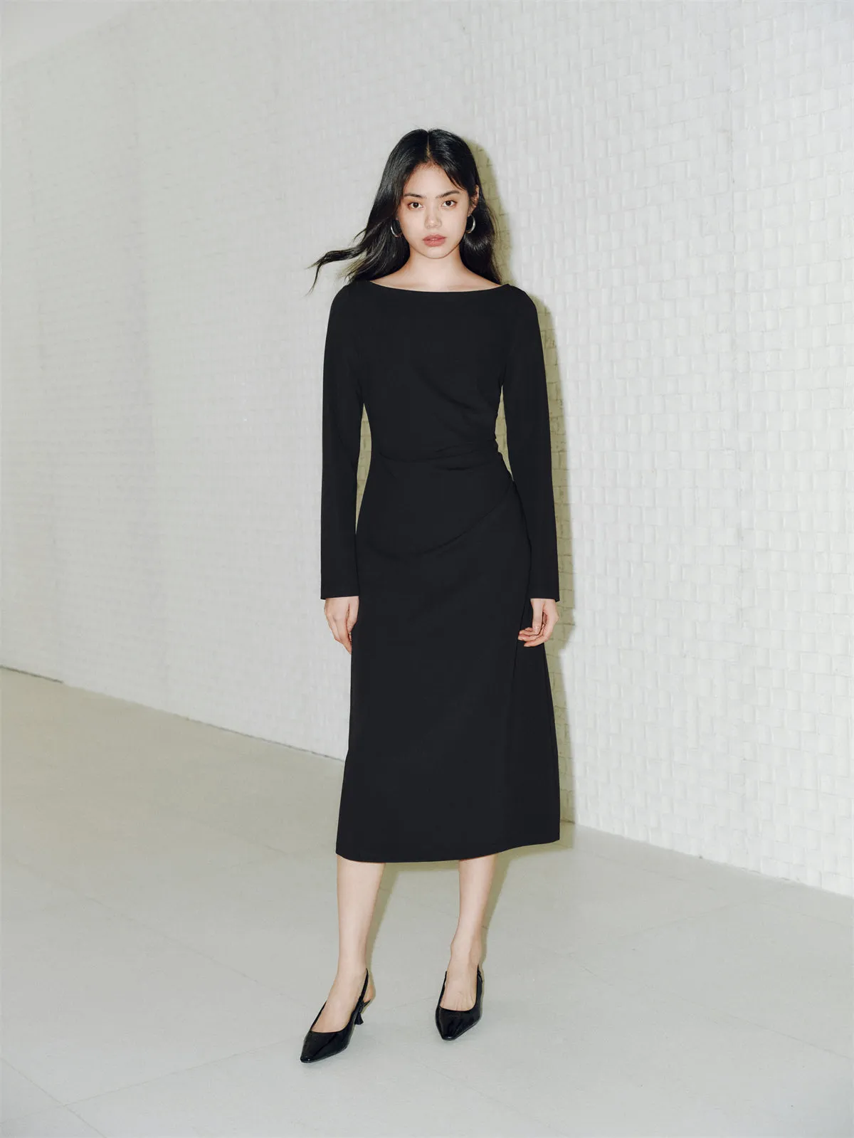 Women's Black Slash Neck Waist Dress sold by PEACEBIRD product image thumbnail 2