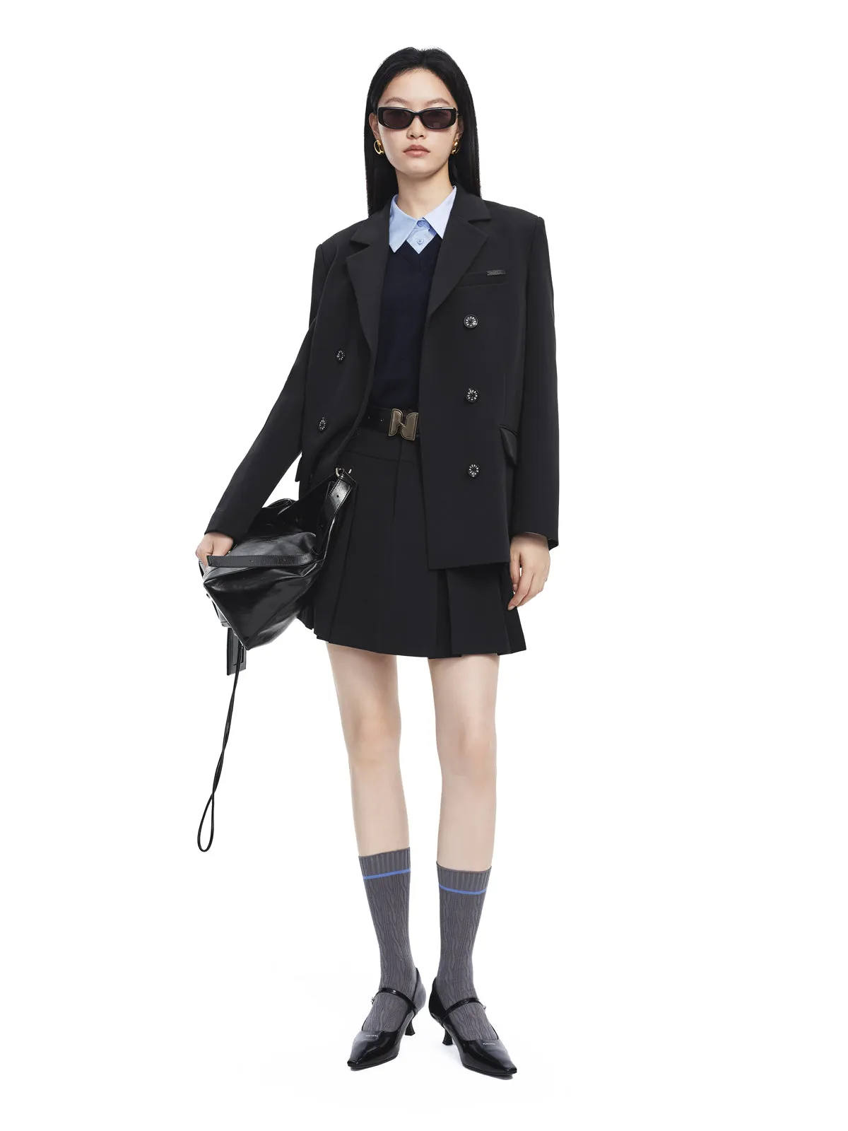 Women's Navy Blue Double-Breasted Blazer sold by PEACEBIRD product image thumbnail 2