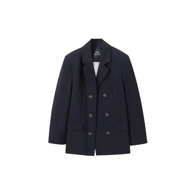 Women's Navy Blue Double-Breasted Blazer sold by PEACEBIRD