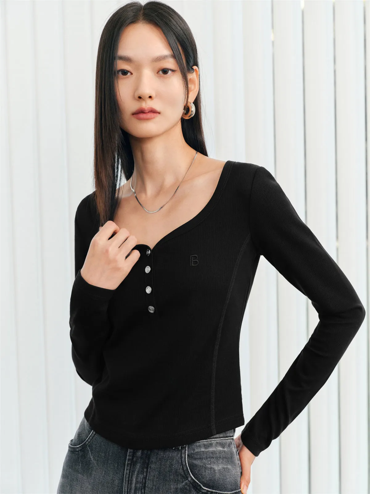 Women's U-Neck Slim Fit Long Sleeve Shirt sold by PEACEBIRD product image thumbnail 3