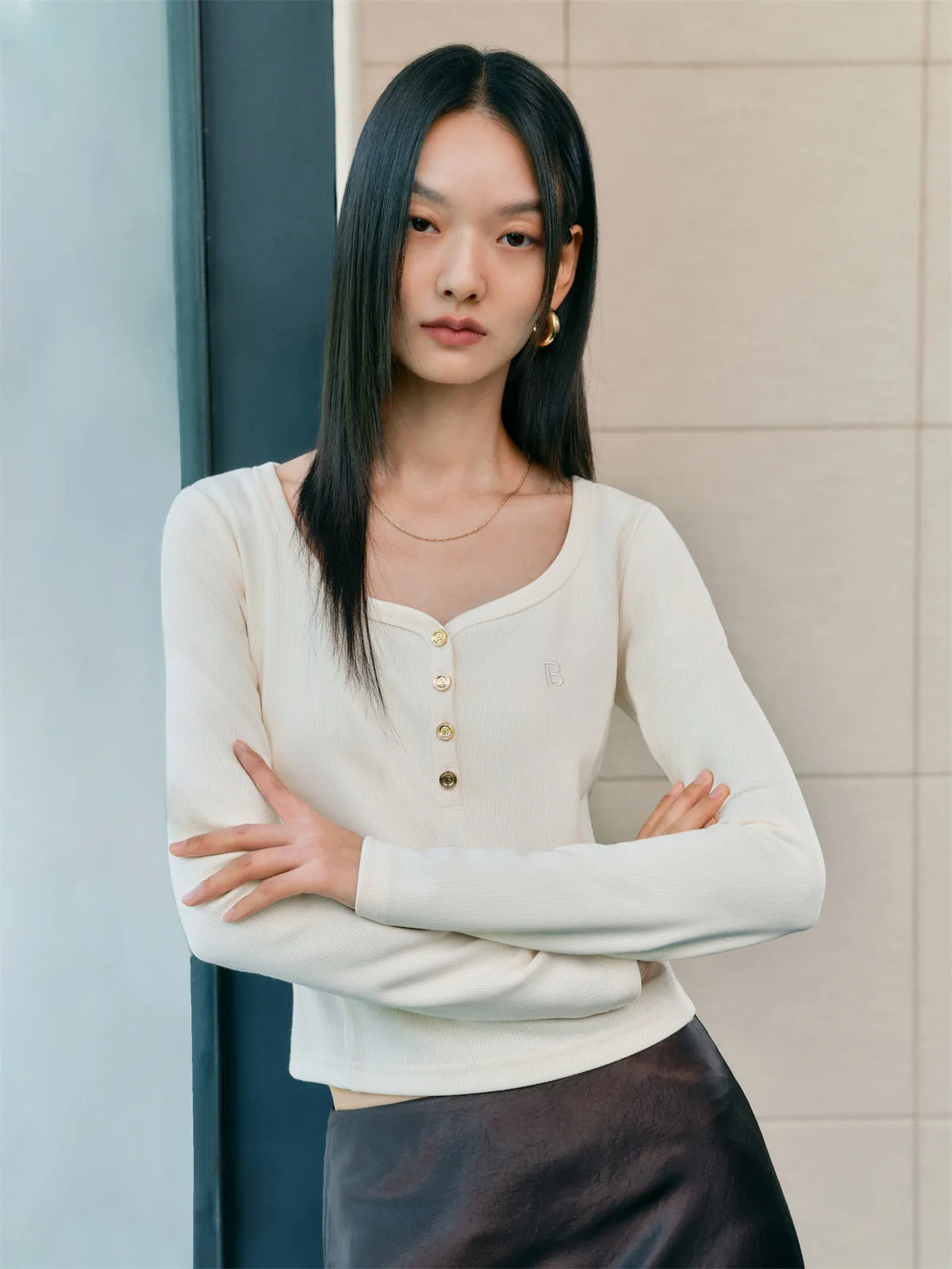 Women's U-Neck Slim Fit Long Sleeve Shirt sold by PEACEBIRD product image thumbnail 4