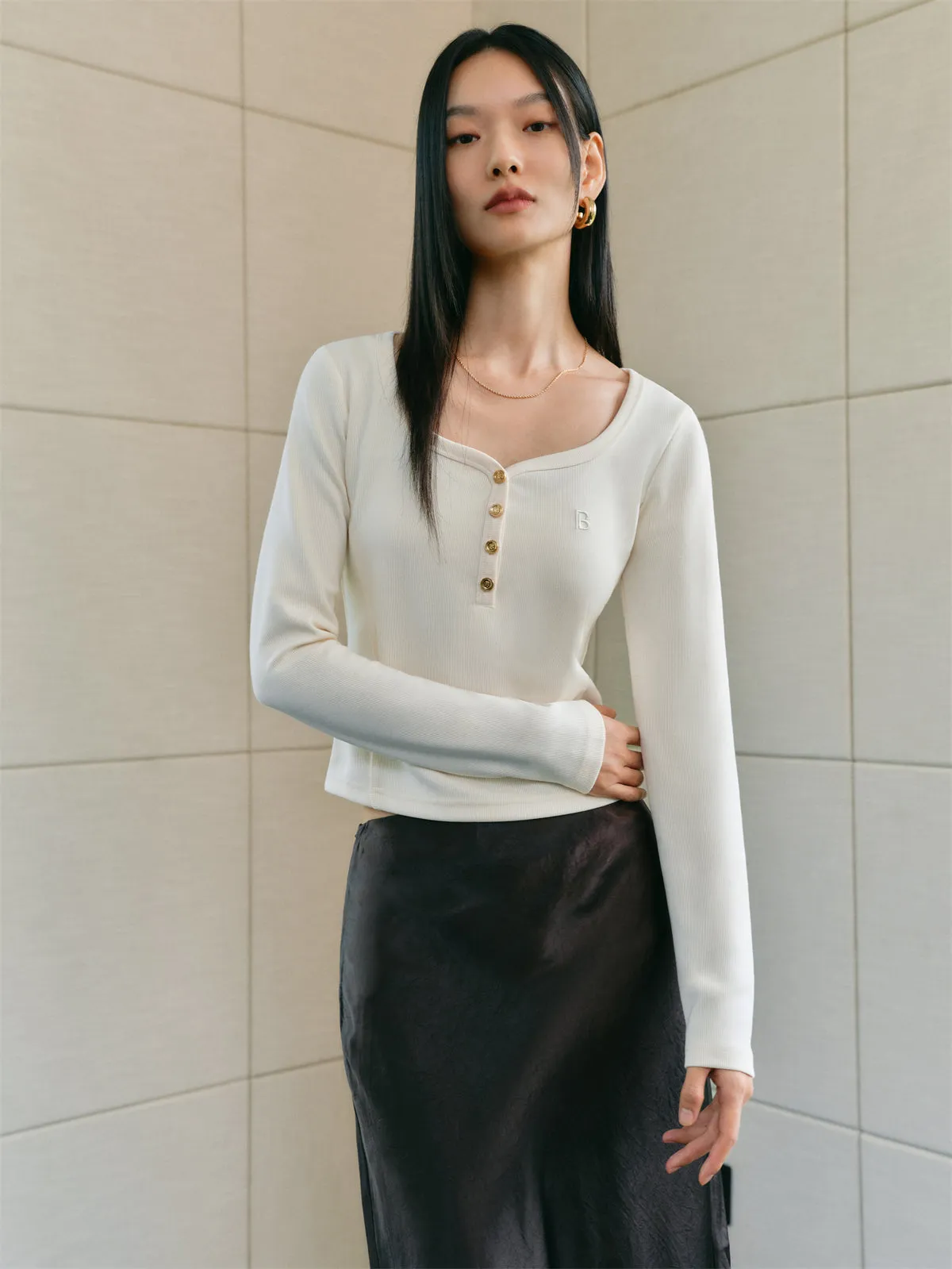 Women's U-Neck Slim Fit Long Sleeve Shirt sold by PEACEBIRD product image thumbnail 5