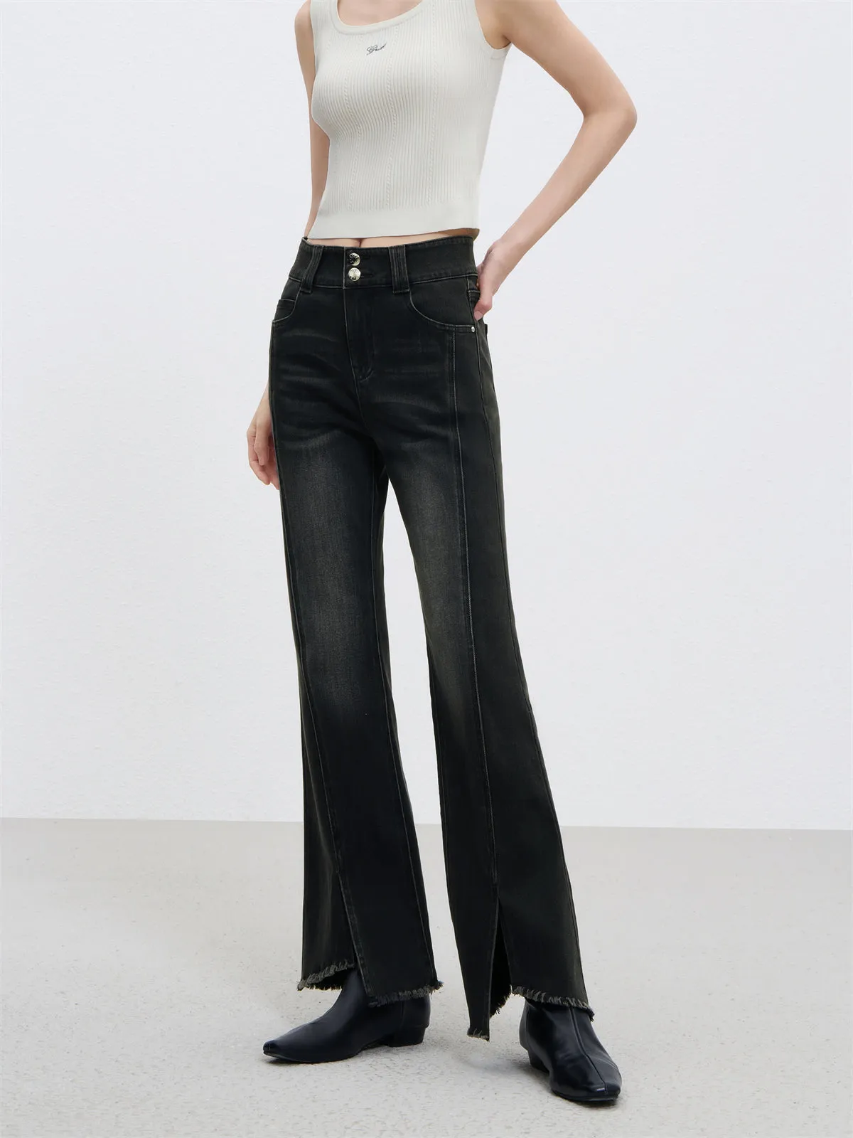 Women's High Waist Flared Pants With Raw Edge sold by PEACEBIRD product image thumbnail 4