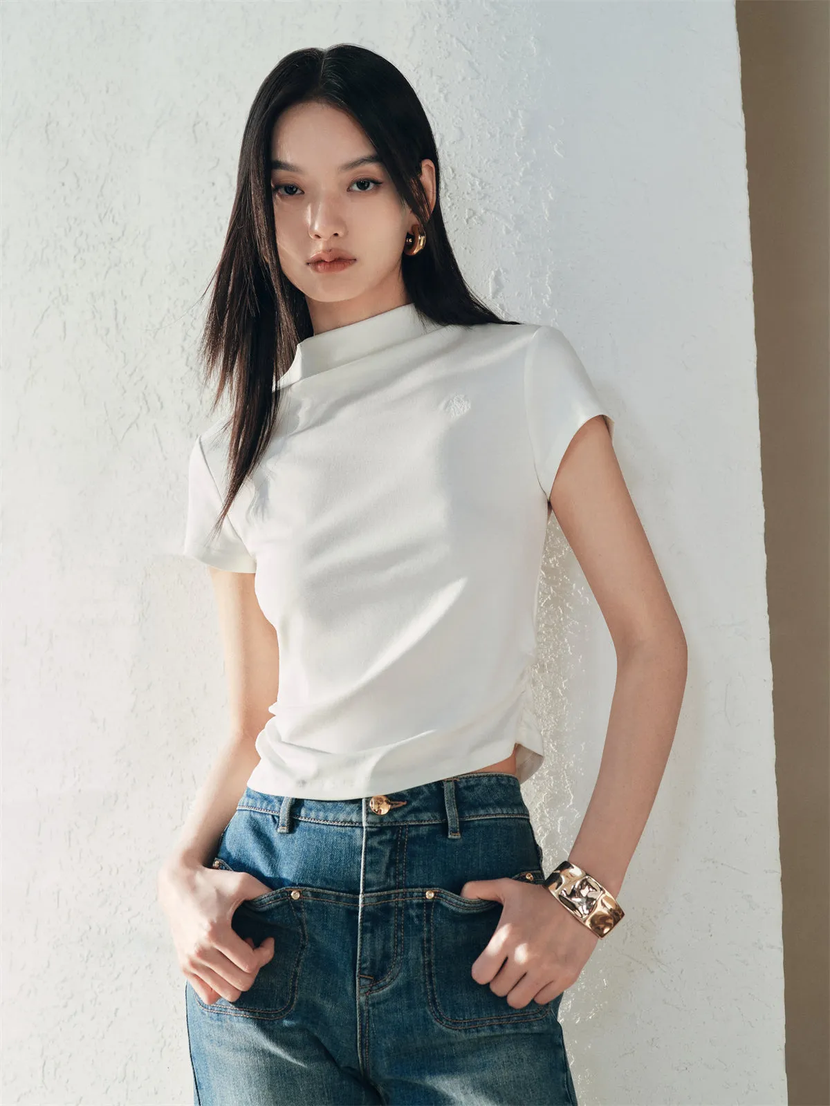 Women's Mock Neck Slim-Fit Solid T-Shirt sold by PEACEBIRD product image thumbnail 4