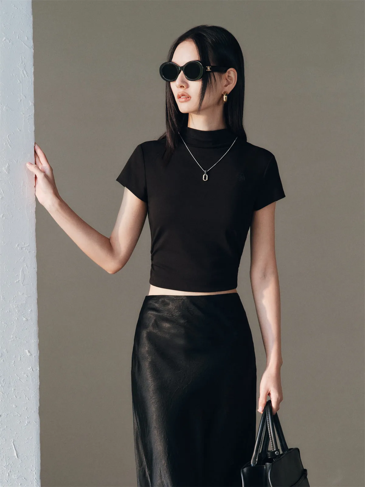 Women's Mock Neck Slim-Fit Solid T-Shirt sold by PEACEBIRD product image thumbnail 3