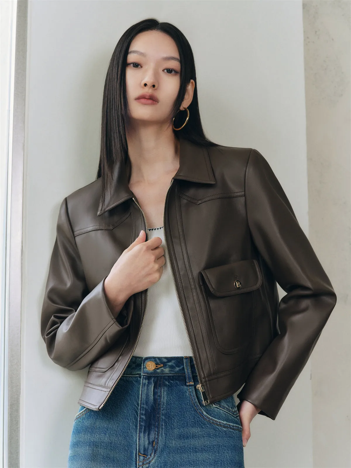 Women's Turn-Down Collar PU Leather Jacket sold by PEACEBIRD product image thumbnail 4