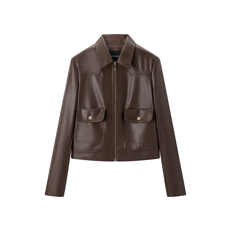 Women's Turn-Down Collar PU Leather Jacket sold by PEACEBIRD product image thumbnail 2