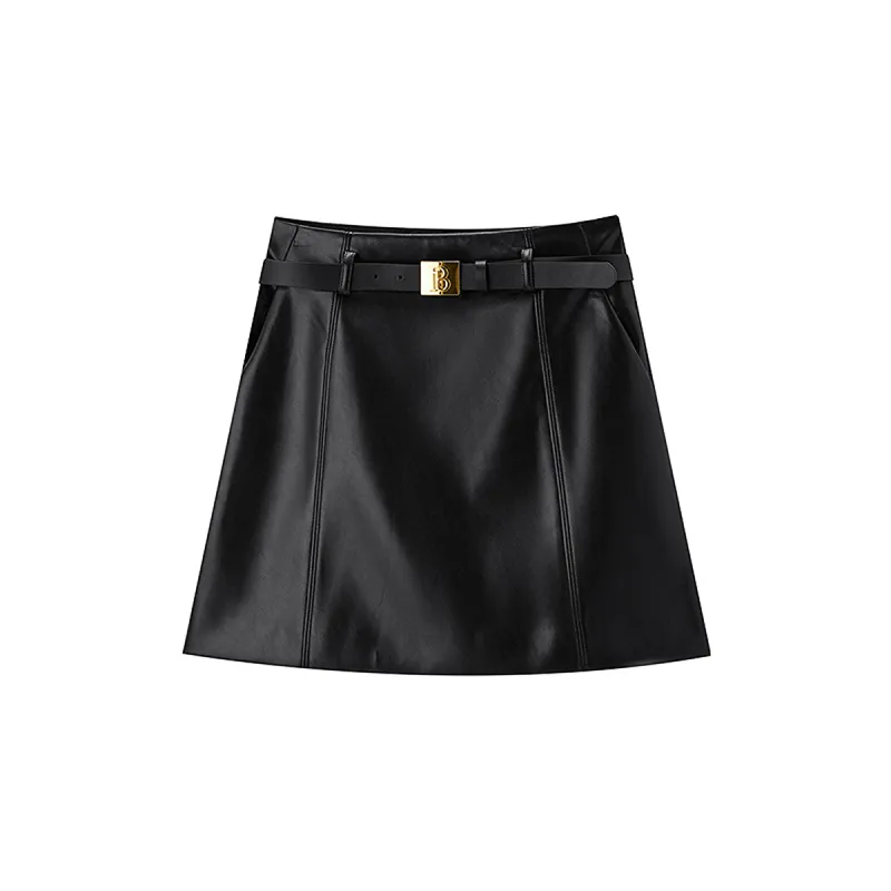Women's Textured PU Belted Mini Skirt sold by PEACEBIRD