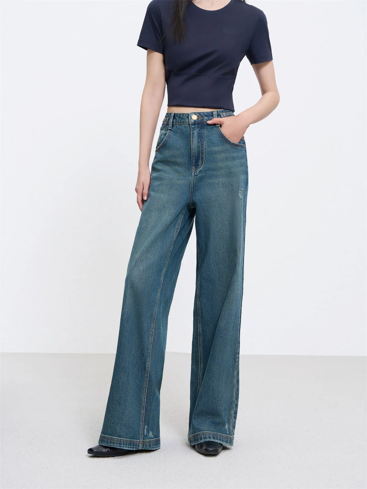 Women's High Waist Washed Wide Leg Jeans sold by PEACEBIRD product image thumbnail 2