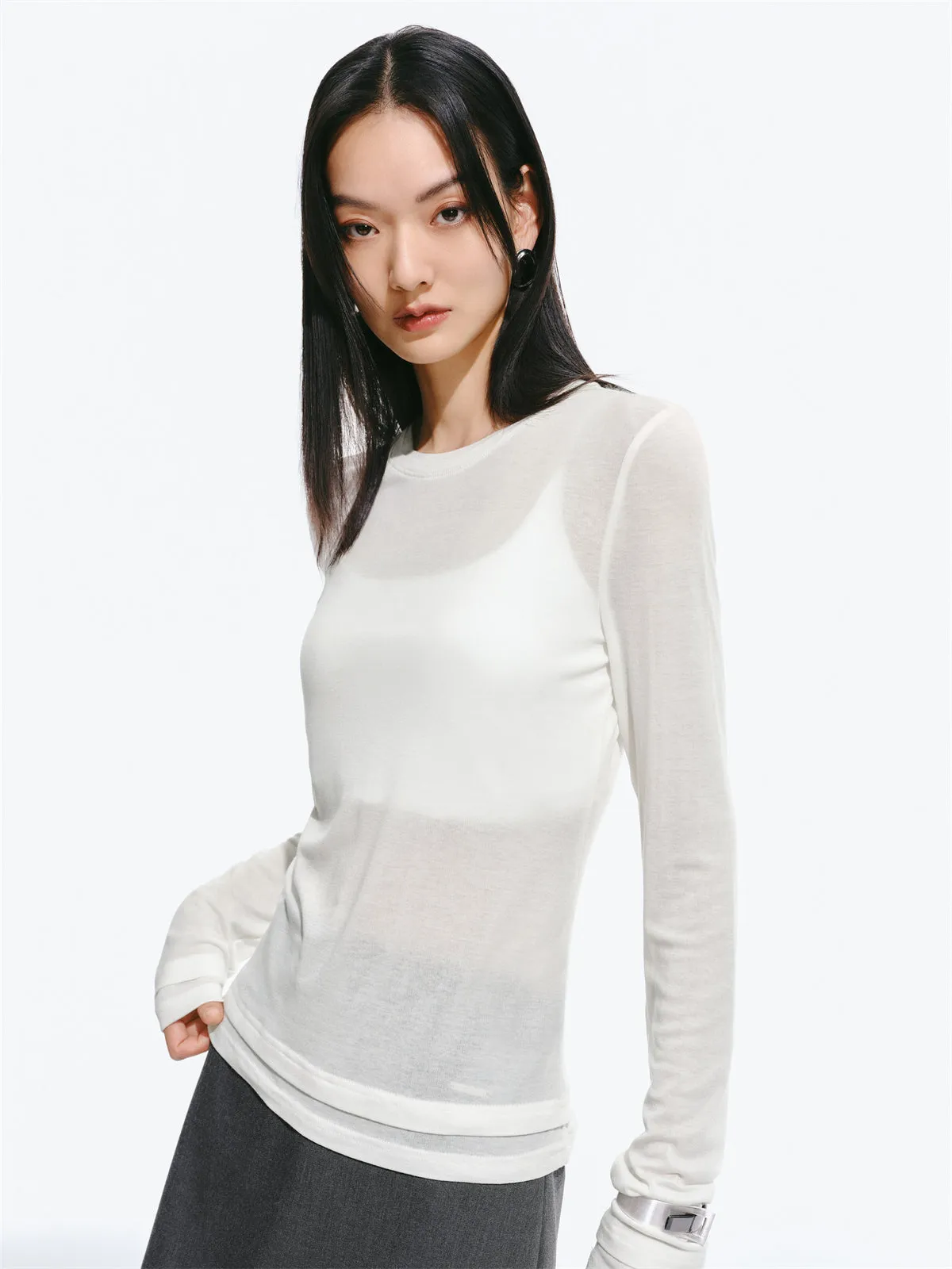 Women's Slim-Fit Double-Layer Panel T-Shirt sold by PEACEBIRD product image thumbnail 2
