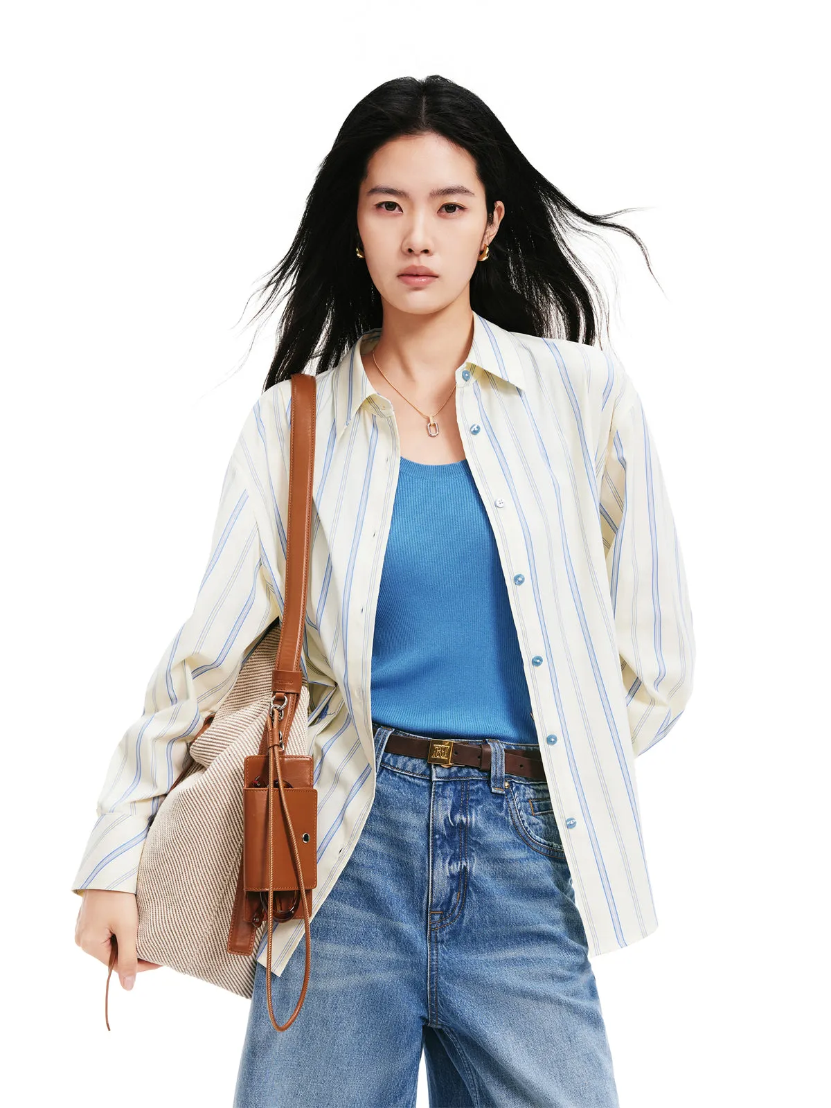 Women's Loose-Fit Oversized Striped Shirt sold by PEACEBIRD product image thumbnail 2