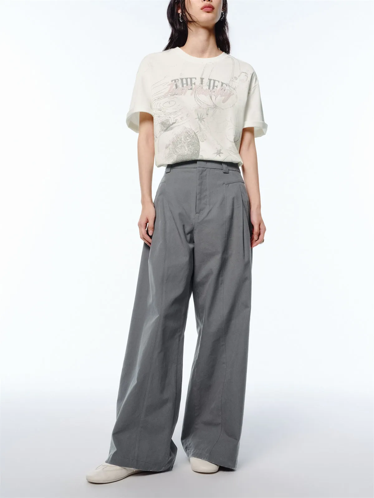 Women's High-Waisted Grey Wide-Leg Pants sold by PEACEBIRD product image thumbnail 2
