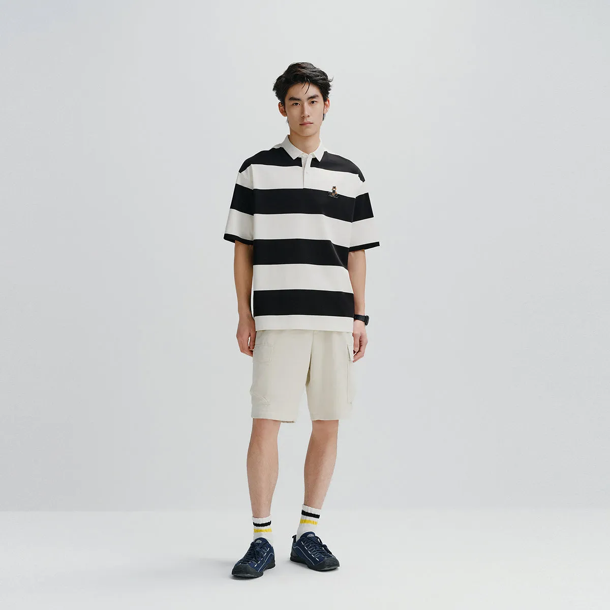 Men's Black & White Striped Soft Polo Shirt sold by PEACEBIRD product image thumbnail 2