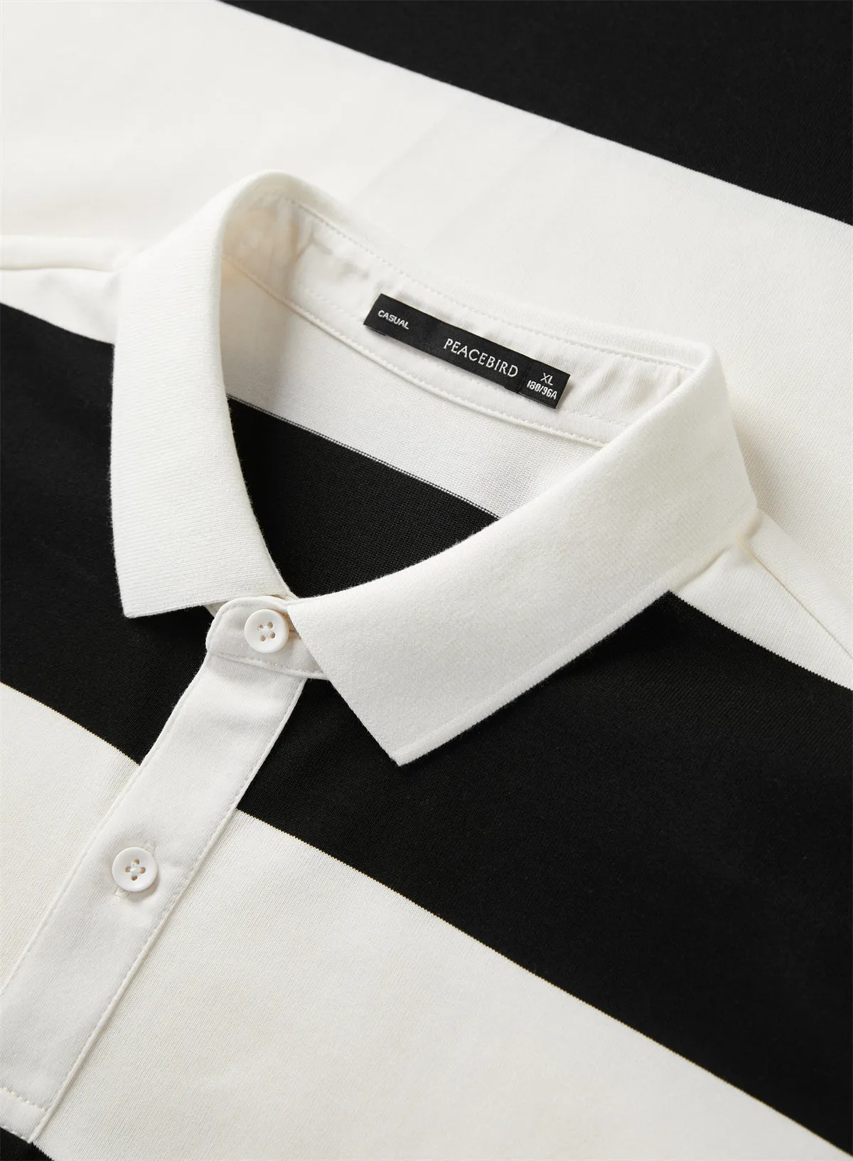 Men's Black & White Striped Soft Polo Shirt sold by PEACEBIRD product image thumbnail 3
