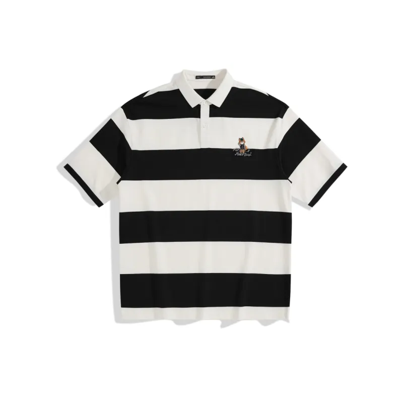 Men's Black & White Striped Soft Polo Shirt sold by PEACEBIRD