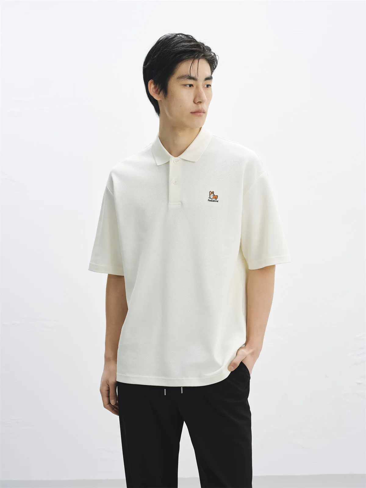 Men's Beige Loose Solid Polo Shirt with Chest Embroidery sold by PEACEBIRD product image thumbnail 2