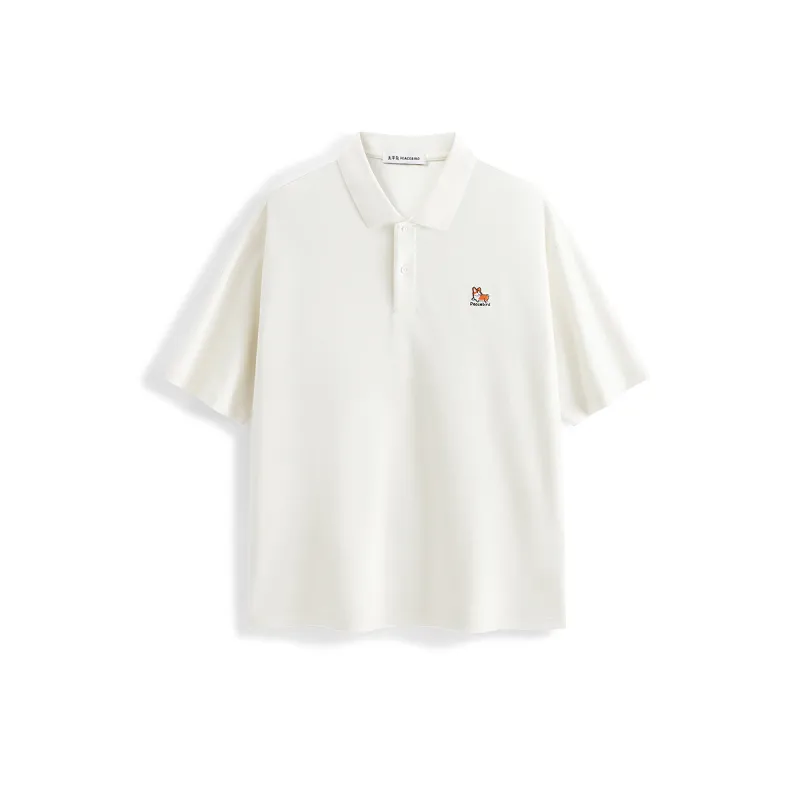 Men's Beige Loose Solid Polo Shirt with Chest Embroidery sold by PEACEBIRD