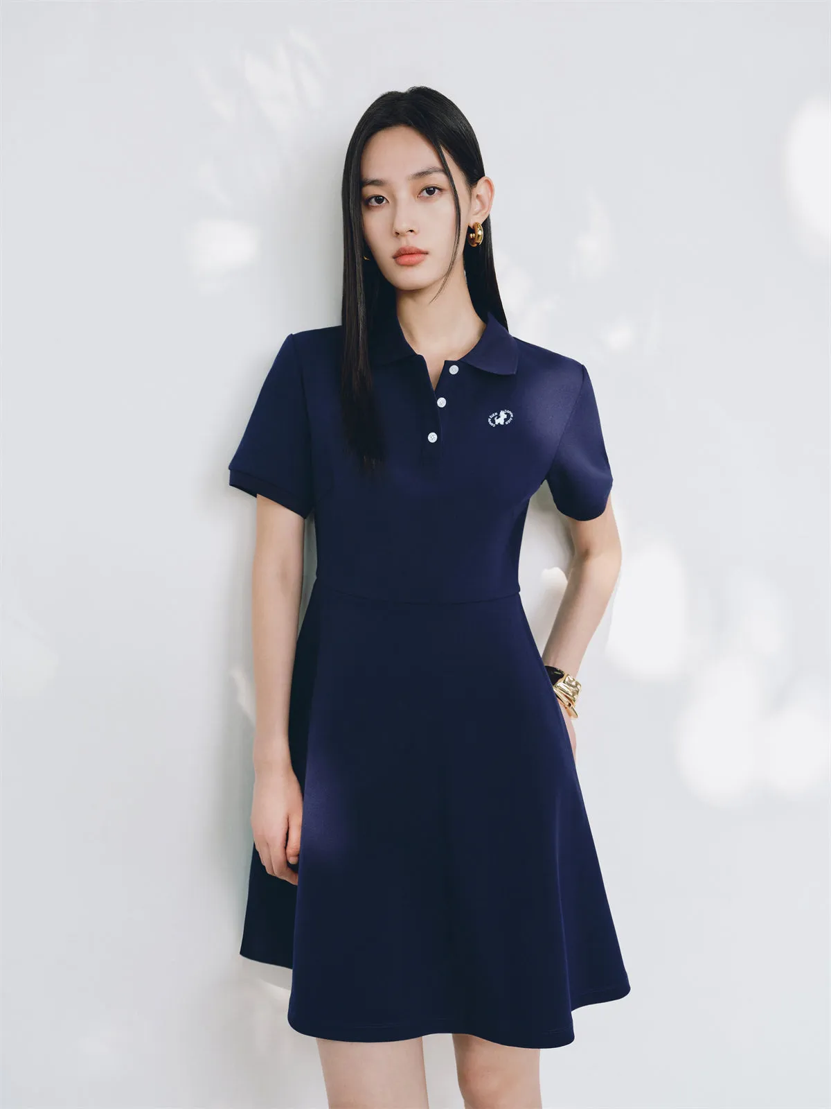 Women's Navy Polo-Collar Cropped Dress sold by PEACEBIRD product image thumbnail 3