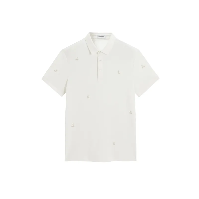 Men's Beige Slim Cooling Polo Shirt with Gold Thread Embroidery sold by PEACEBIRD